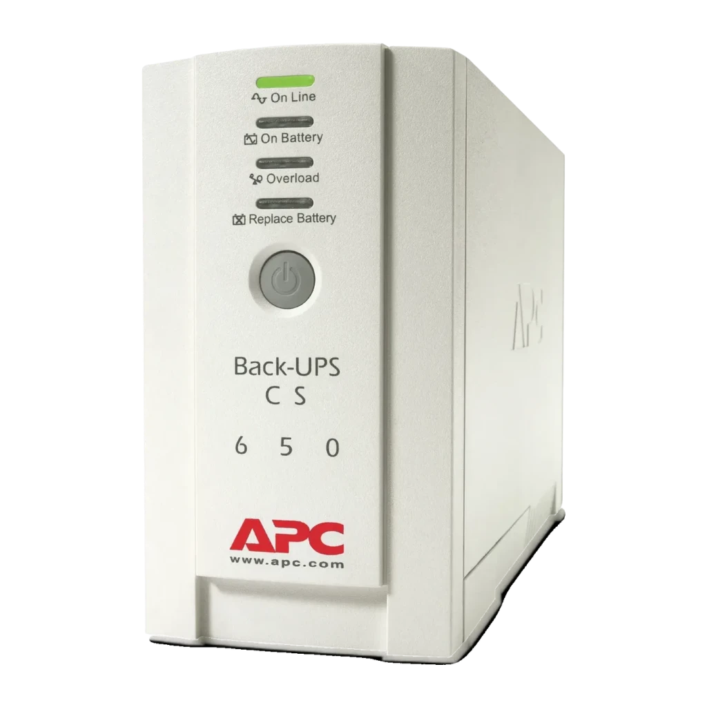 SAI APC Back-UPS CS Línea Interactiva 650VA 400W Beige BK650EI, vista frontal en ángulo: panel con LEDs de estado, botón