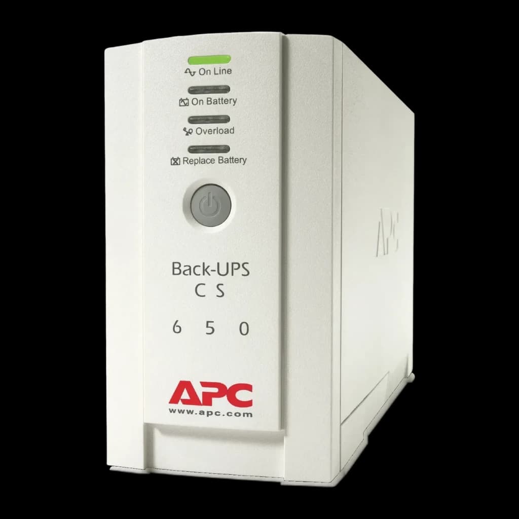 SAI APC Back-UPS CS Línea Interactiva 650VA 400W Beige BK650EI, vista frontal en ángulo: panel con LEDs de estado, botón
