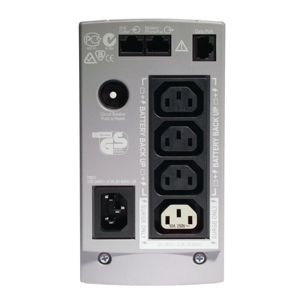 SAI APC Back-UPS CS Línea Interactiva 650VA 400W Beige BK650EI, panel trasero: tomas IEC battery backup y surge only