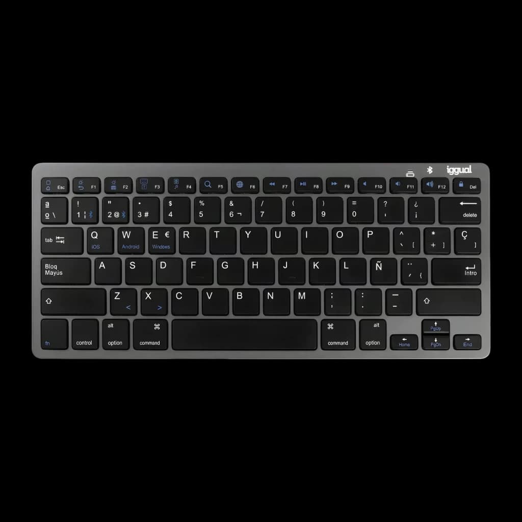 Teclado iggual Slim TKL-BT Negro/Gris Inalámbrico, vista superior: teclas negras sobre cuerpo gris, iconos iOS Android