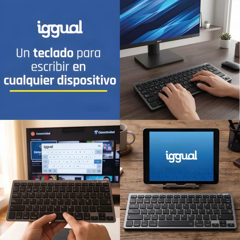 Teclado iggual Slim TKL-BT Negro/Gris Inalámbrico, lifestyle: uso con monitor, TV y tablet en distintos entornos