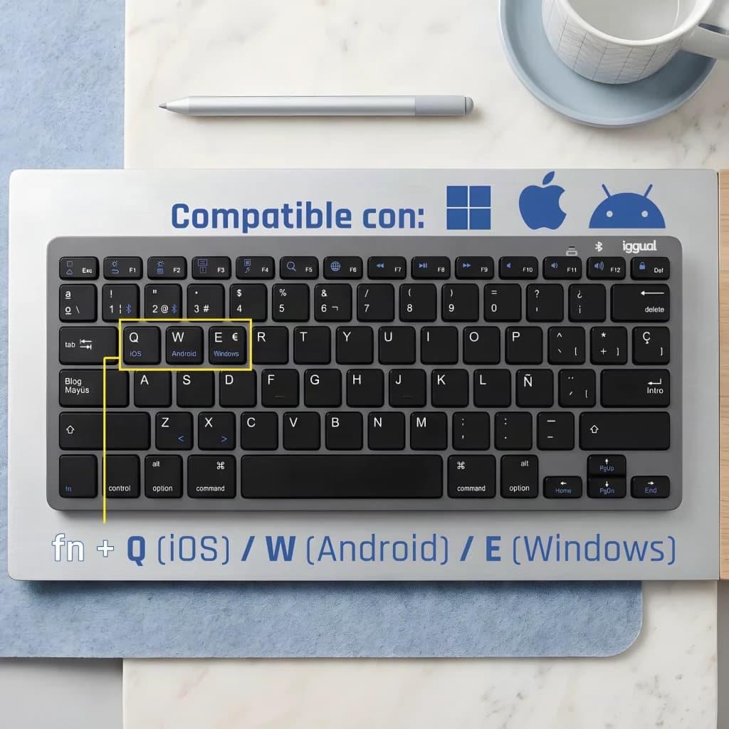 Teclado iggual Slim TKL-BT Negro/Gris Inalámbrico, vista superior: teclas Q W E resaltadas con atajos iOS Android Windows