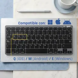 Teclado iggual Slim TKL-BT Negro/Gris Inalámbrico, vista superior: teclas Q W E resaltadas con atajos iOS Android Windows