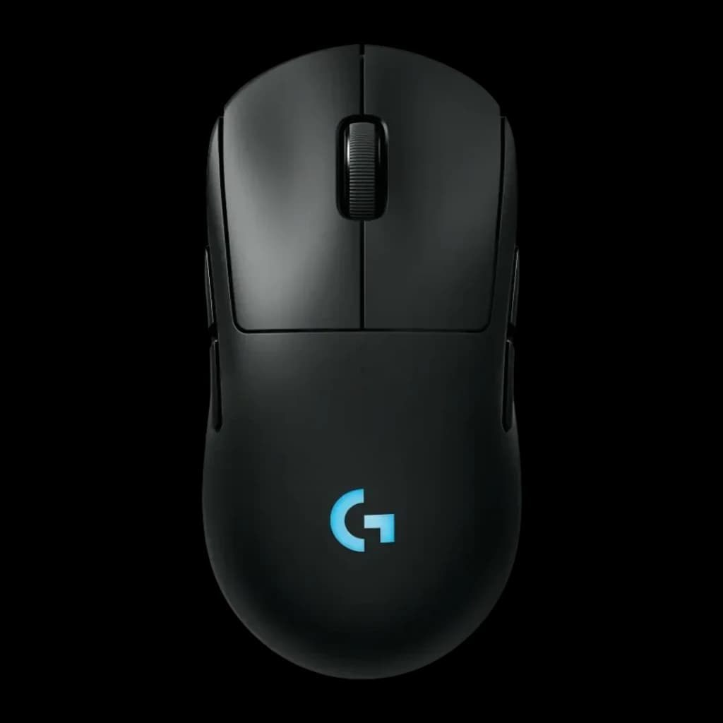 Souris Gaming Logitech G Pro 2 Lightspeed Sans Fil 32000 DPI RGB Noir, vue du dessus: logo G bleu éclairé, molette centrale