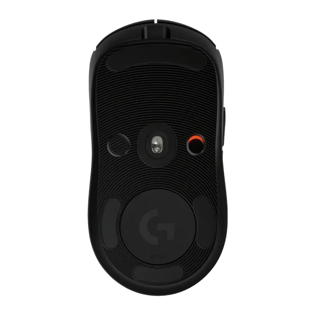 Souris Gaming Logitech G Pro 2 Lightspeed Sans Fil 32000 DPI RGB Noir, vue dessous: capteur optique, bouton DPI orange