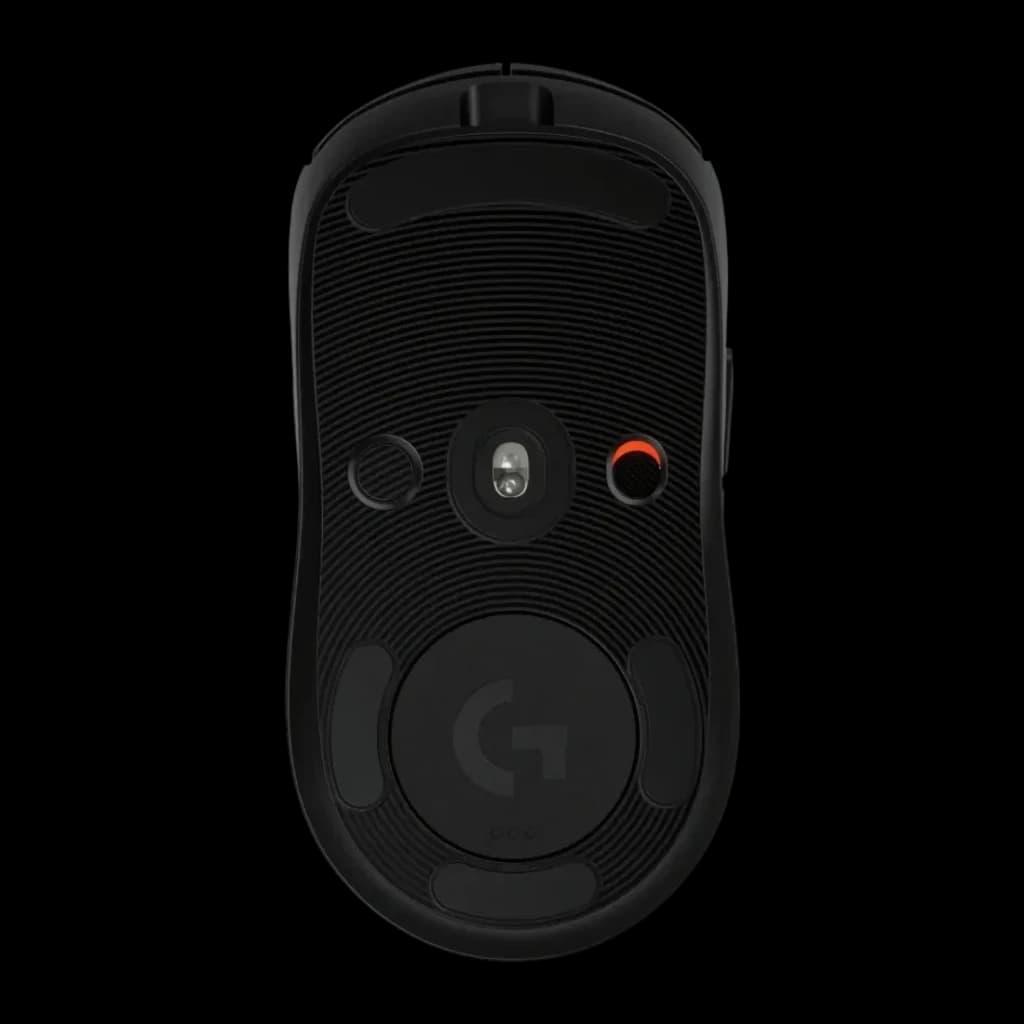 Souris Gaming Logitech G Pro 2 Lightspeed Sans Fil 32000 DPI RGB Noir, vue dessous: capteur optique, bouton DPI orange