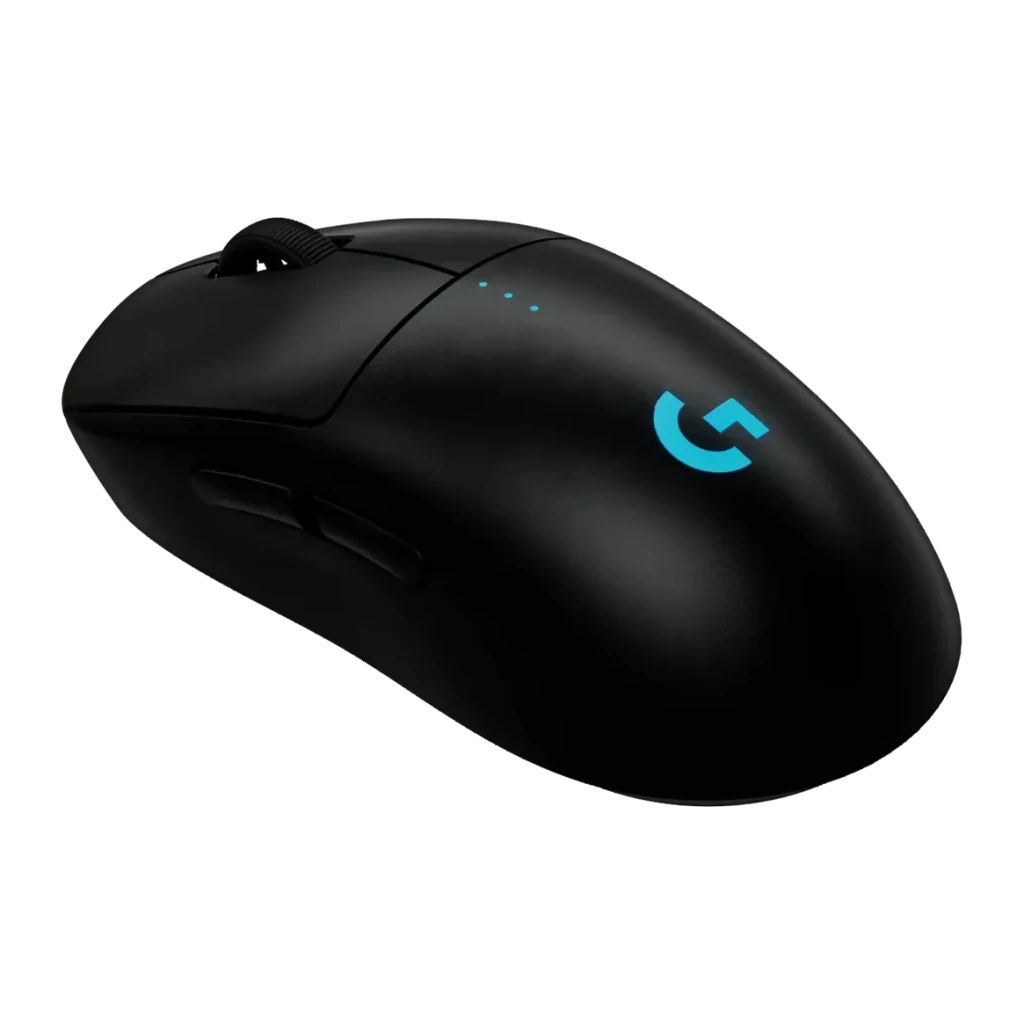 Souris Gaming Logitech G Pro 2 Lightspeed Sans Fil 32000 DPI RGB Noir, vue latérale: logo G lumineux bleu et boutons
