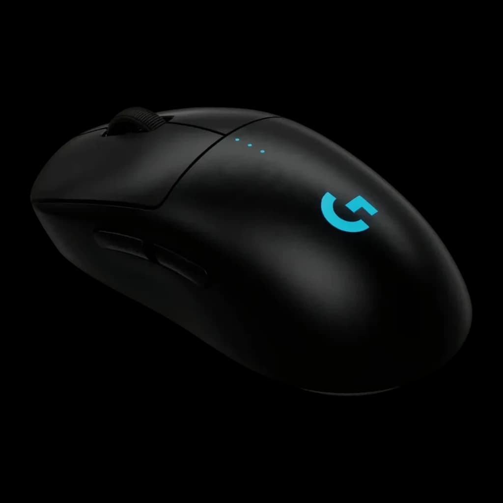 Souris Gaming Logitech G Pro 2 Lightspeed Sans Fil 32000 DPI RGB Noir, vue latérale: logo G lumineux bleu et boutons
