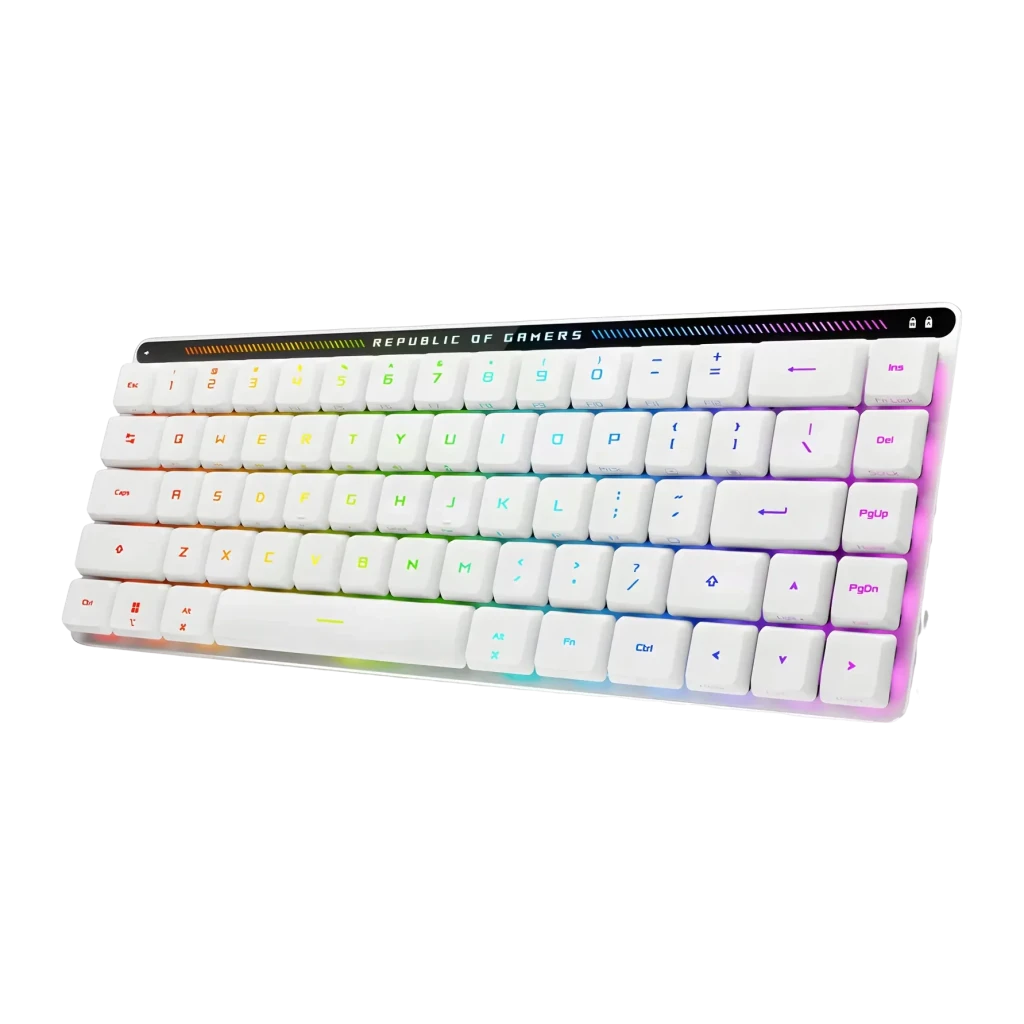 Teclado Gaming ASUS ROG Falchion RX Low Profile Inalámbrico RGB Blanco, vista frontal en ángulo: teclas blancas