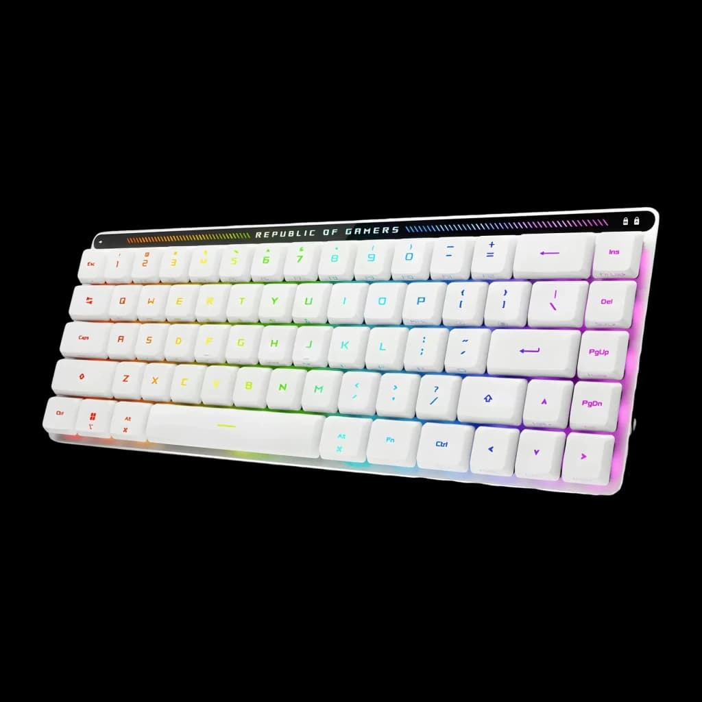 Teclado Gaming ASUS ROG Falchion RX Low Profile Inalámbrico RGB Blanco, vista frontal en ángulo: teclas blancas