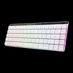 Teclado Gaming ASUS ROG Falchion RX Low Profile Inalámbrico RGB Blanco, vista frontal en ángulo: teclas blancas