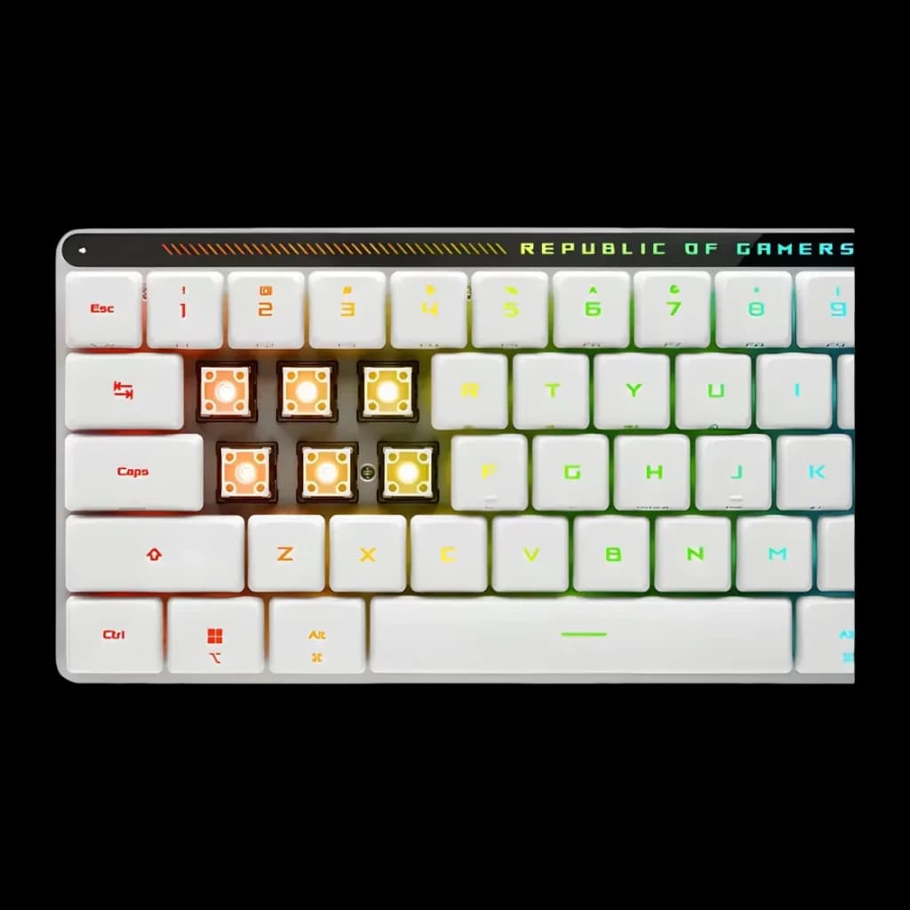Teclado Gaming ASUS ROG Falchion RX Low Profile Inalámbrico RGB Blanco, vista superior: switches ópticos expuestos