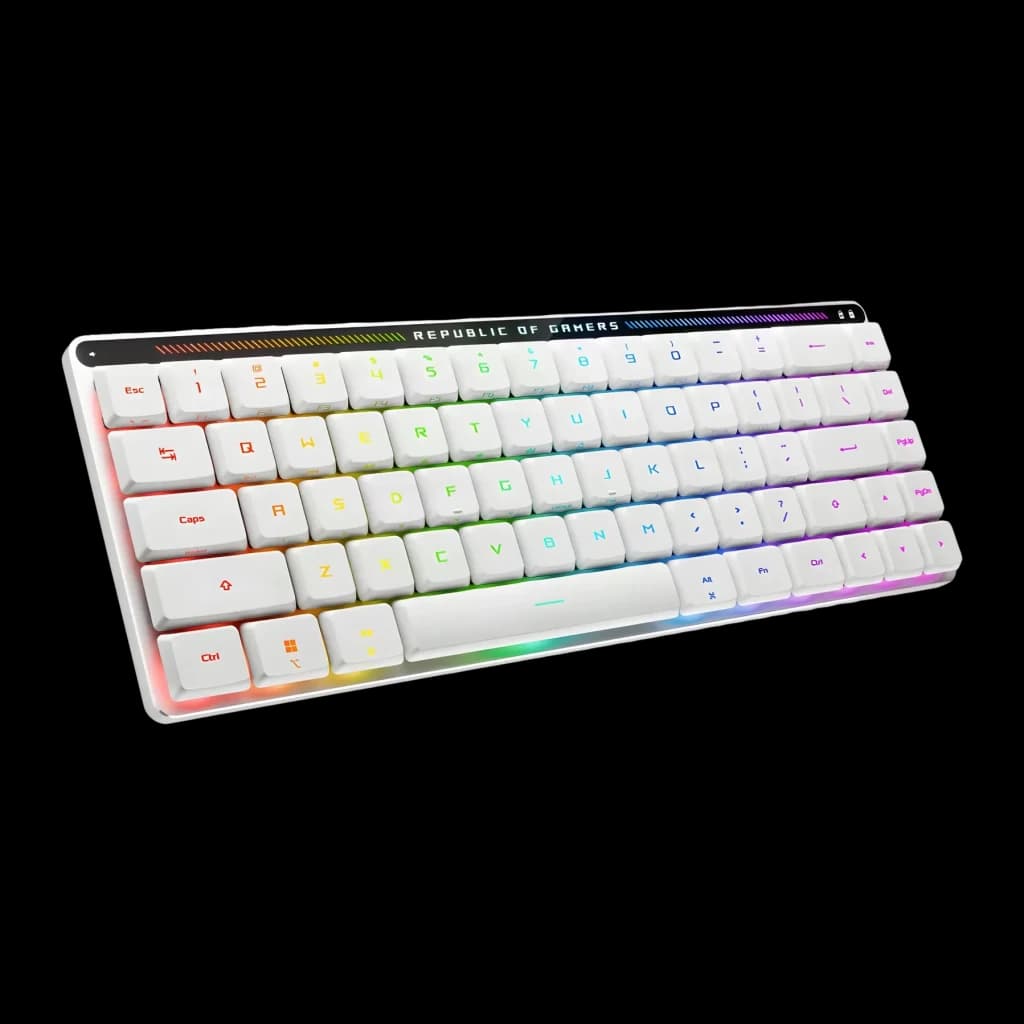 Teclado Gaming ASUS ROG Falchion RX Low Profile Inalámbrico RGB Blanco, vista angular: teclas blancas con retroiluminación
