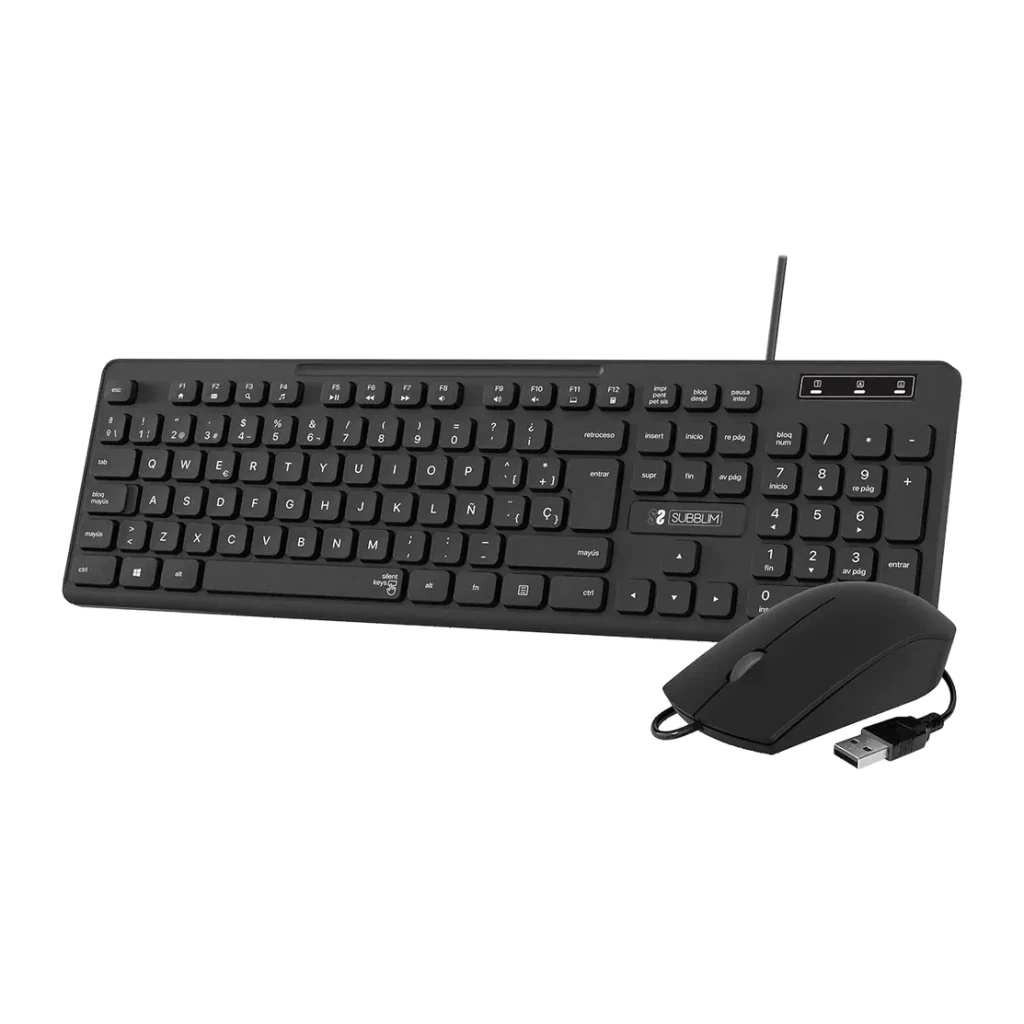 SUBBLIM Combo Business Slim Noir Filaire USB Silencieux, vue de face: clavier slim et souris filaire USB présentés en angle