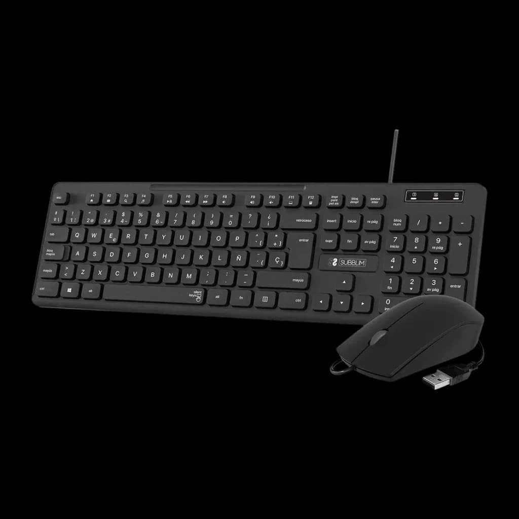 SUBBLIM Combo Business Slim Noir Filaire USB Silencieux, vue de face: clavier slim et souris filaire USB présentés en angle
