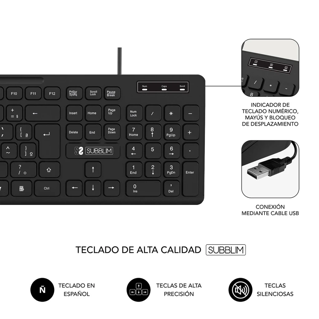 SUBBLIM Combo Business Slim Noir Filaire USB Silencieux, détail: indicateurs LED, connecteur USB et touches silencieuses