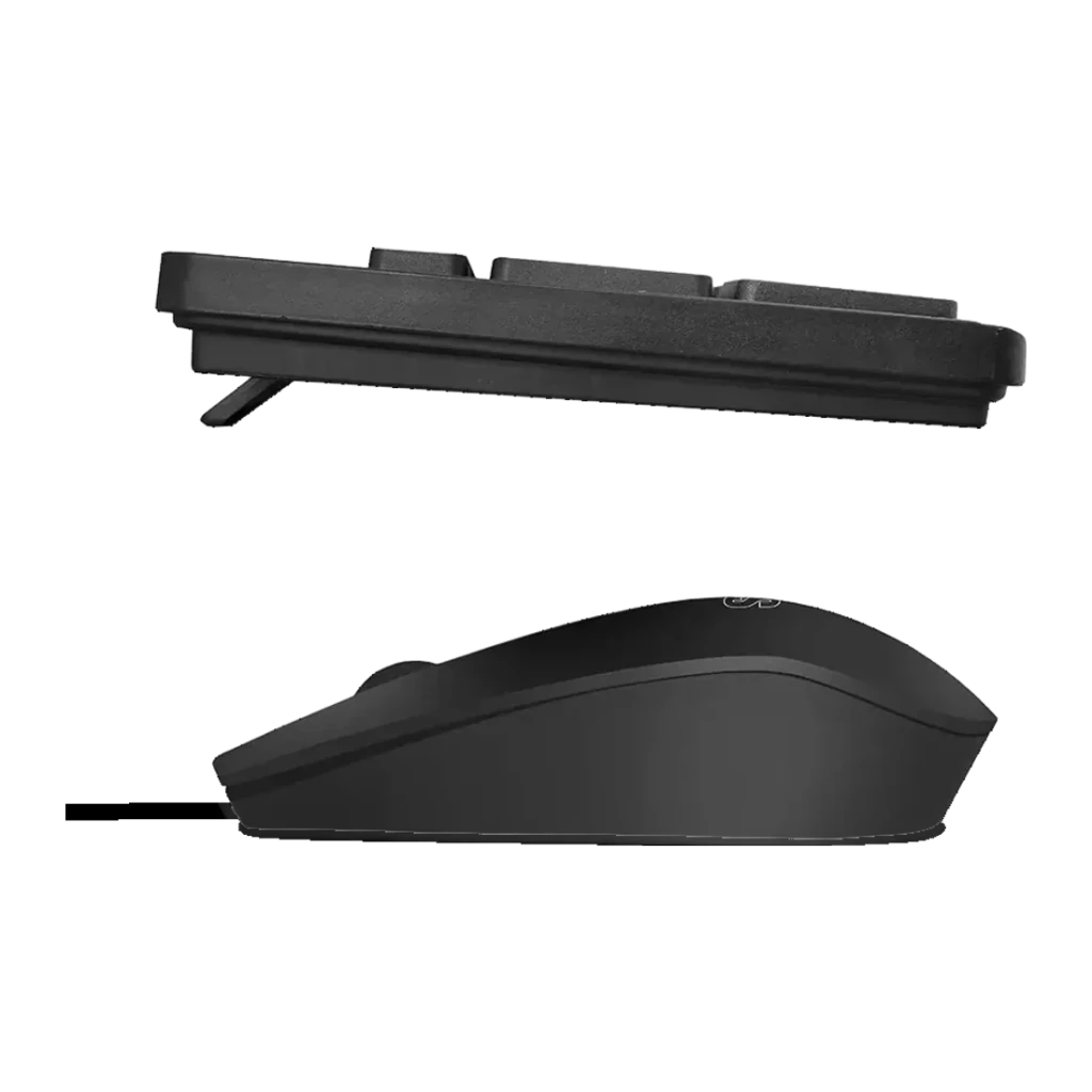 SUBBLIM Combo Business Slim Noir Filaire USB Silencieux, vue latérale: profil fin du clavier et de la souris sur fond noir