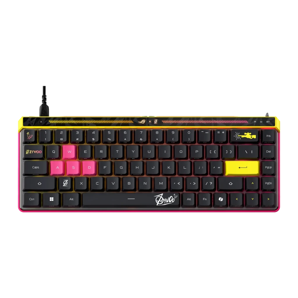Teclado Gaming ASUS ROG Falchion Ace HFX ZywOo Edition RGB US Layout Preto, vista superior: teclas WASD e assinatura ZywOo