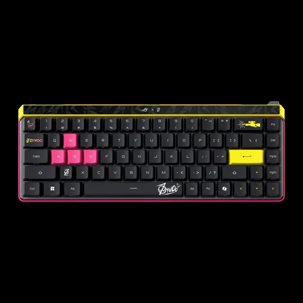 Teclado Gaming ASUS ROG Falchion Ace HFX ZywOo Edition RGB US Layout Preto, vista superior: teclas WASD rosas, Enter amarelo
