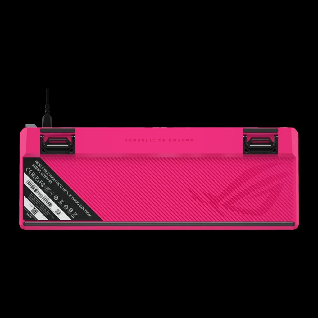 Teclado Gaming ASUS ROG Falchion Ace HFX ZywOo Edition RGB US Layout Preto, vista inferior: base rosa com pés ajustáveis
