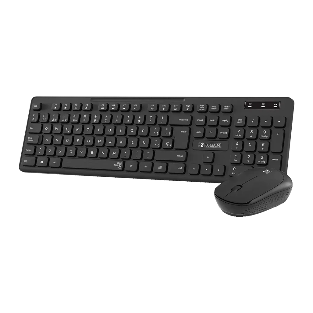 Combo Clavier et Souris SUBBLIM Business Slim Silencieux Noir Sans Fil 2.4G, vue diagonale: clavier complet avec pavé