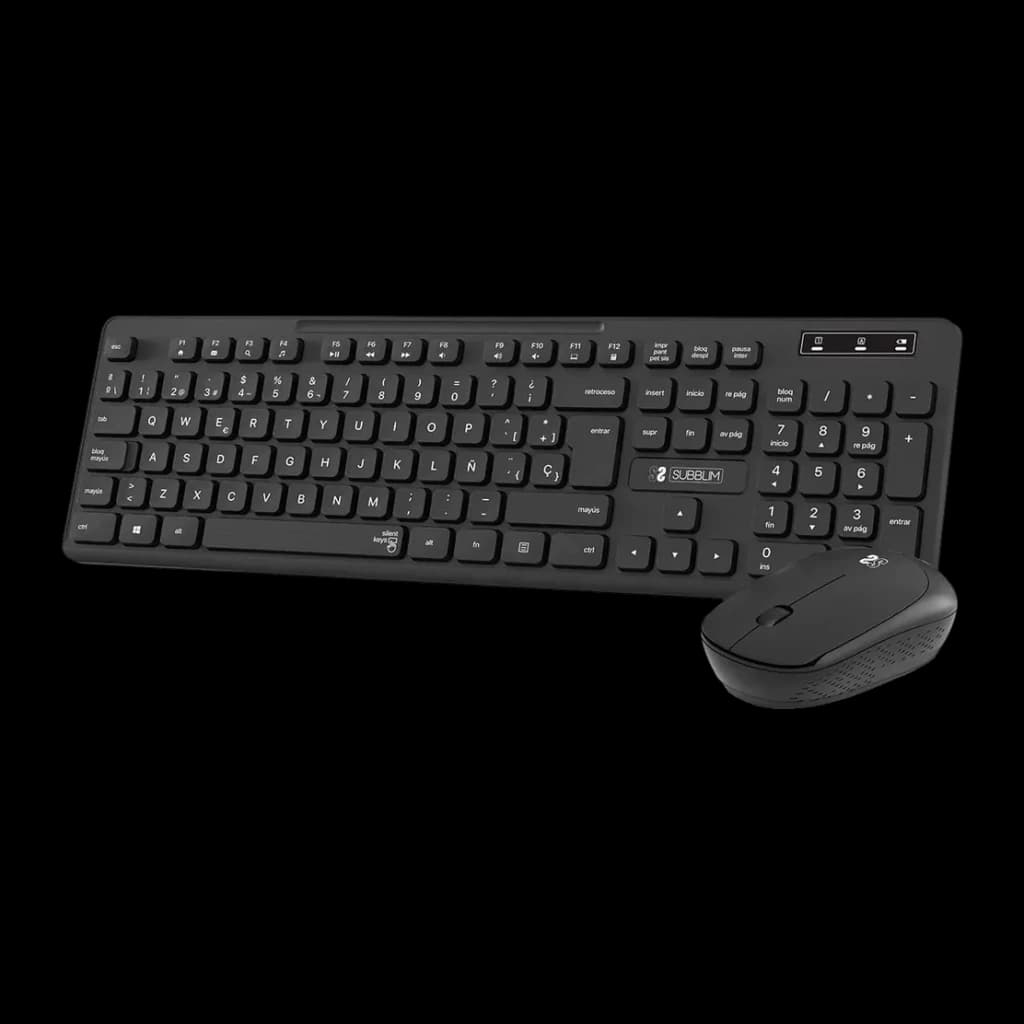 Combo Clavier et Souris SUBBLIM Business Slim Silencieux Noir Sans Fil 2.4G, vue diagonale: clavier complet avec pavé