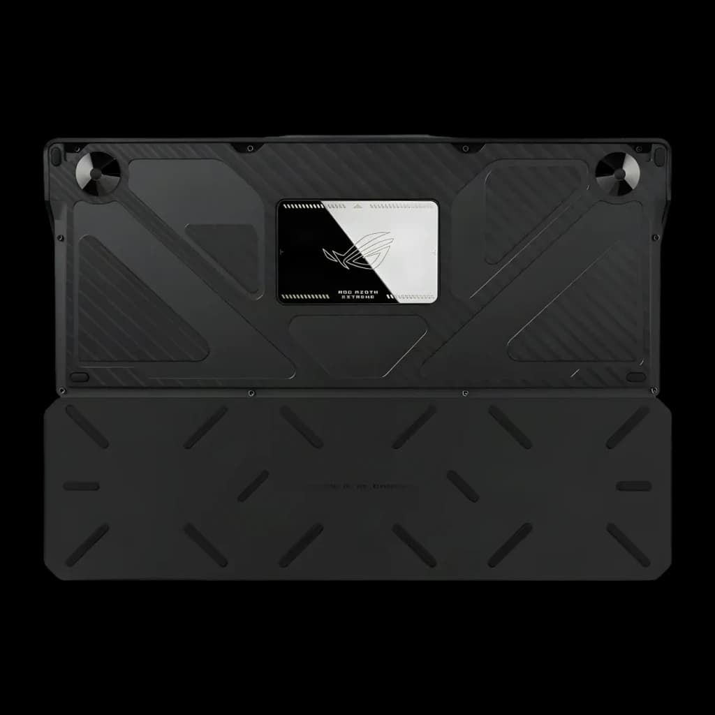 Clavier gaming ASUS ROG Azoth Extreme QWERTY Sans fil Mécanique RGB Noir, vue inférieure: base texture carbone avec panneau