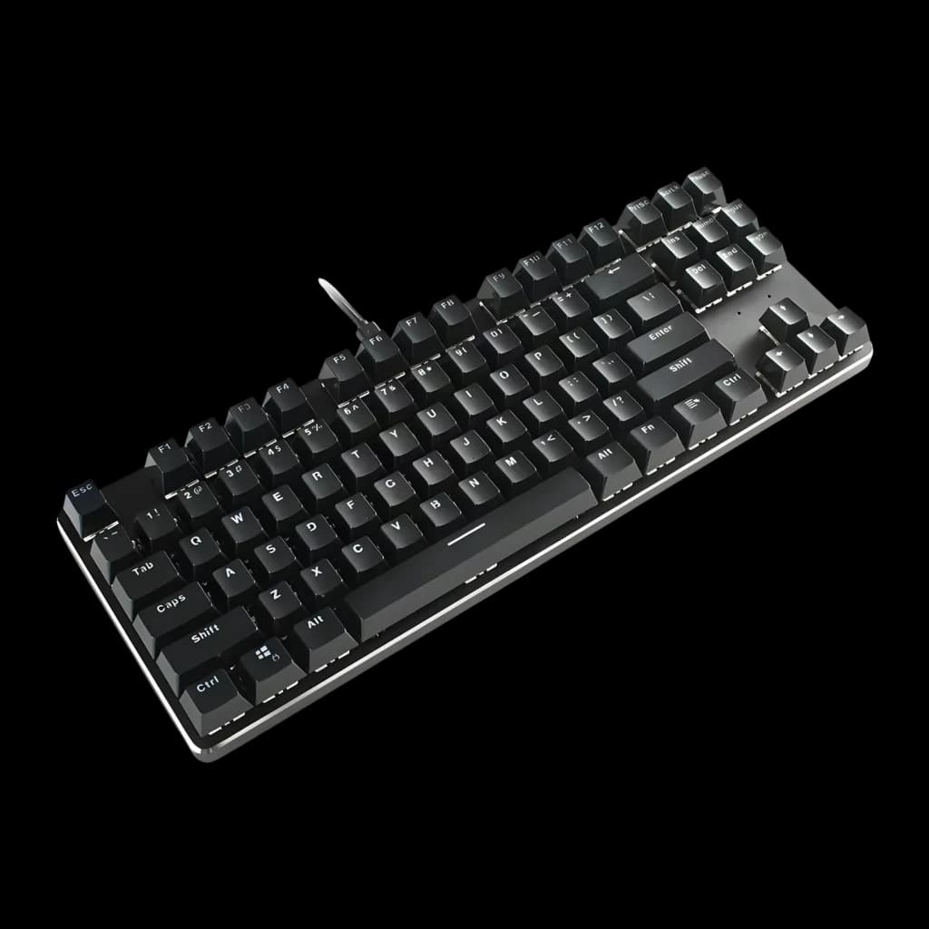 Touches Glorious Gaming Mechanical Keyboard Keycaps Espagnol Noir, vue diagonale: clavier TKL noir avec légendes espagnoles