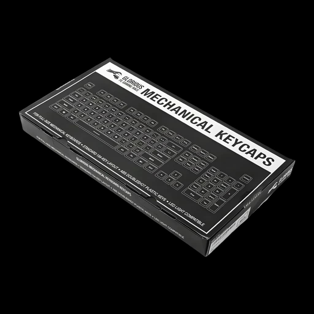 Touches Glorious Gaming Mechanical Keyboard Keycaps Espagnol Noir, boîte: packaging noir en angle avec disposition clavier