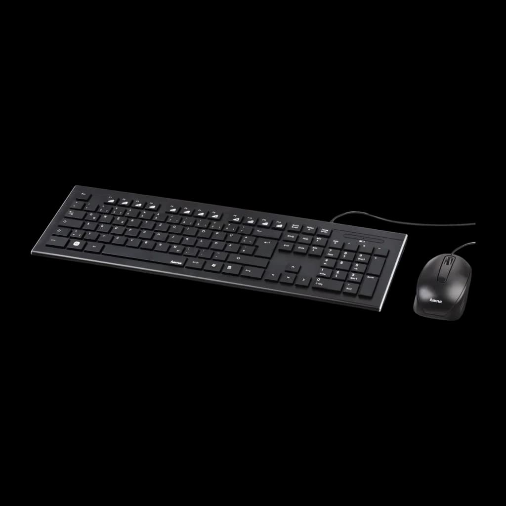 Kit de teclado y ratón Hama Cortino Negro Con cable USB, vista en perspectiva: teclado slim y ratón con cable negro