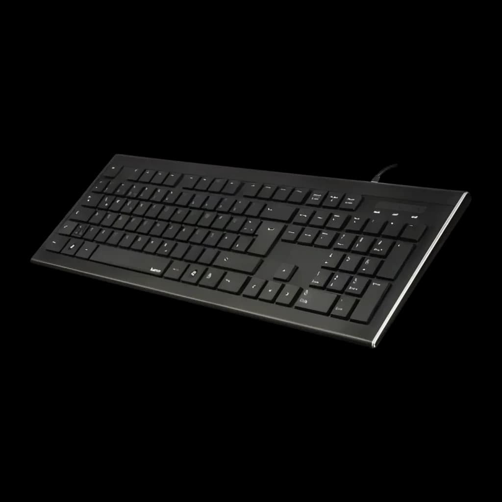 Kit de teclado y ratón Hama Cortino Negro Con cable USB, vista lateral: teclado en ángulo con cable USB visible y perfil fino