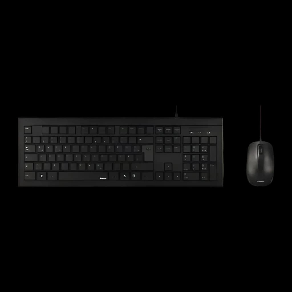Kit de teclado y ratón Hama Cortino Negro Con cable USB, vista superior: teclado completo y ratón con cable sobre fondo negro