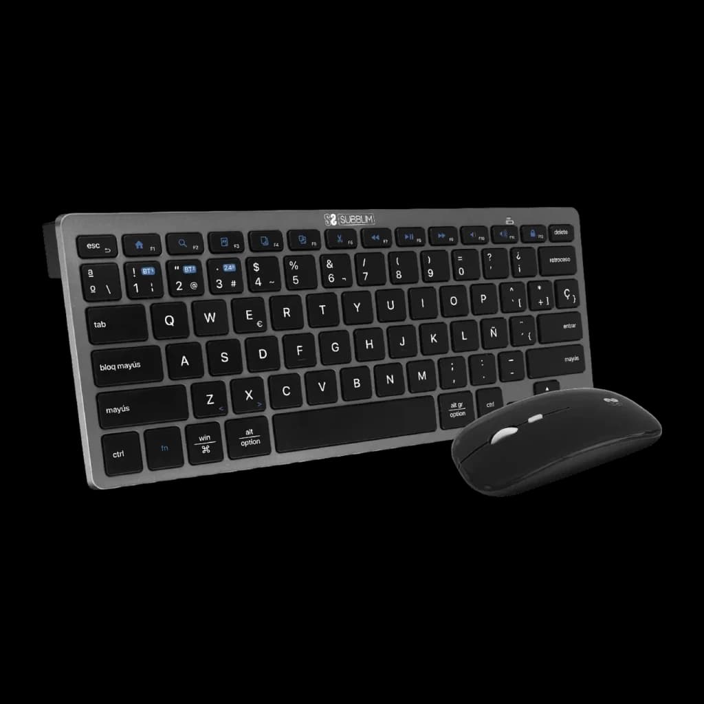 Combo Teclado e Rato Subblim Preto Sem Fios Bluetooth + RF Espanhol SUBKBC-OCO020, vista frontal em ângulo: teclado compacto