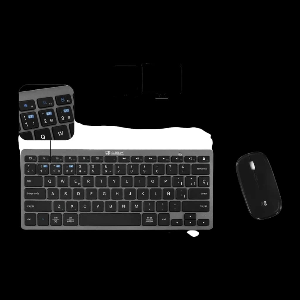 Combo Teclado e Rato Subblim Preto Sem Fios Bluetooth + RF Espanhol SUBKBC-OCO020, detalhe: zoom teclas BT e 2.4G com ícones