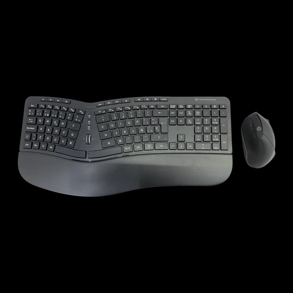 Combo Teclado e Rato Conceptronic Preto Sem Fios RF 2.4GHz Espanhol QWERTY ORAZIO02ES, vista superior: teclado ergonómico