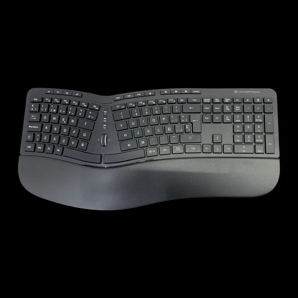 Combo Teclado e Rato Conceptronic Preto Sem Fios RF 2.4GHz Espanhol QWERTY ORAZIO02ES, vista superior: teclado ergonómico