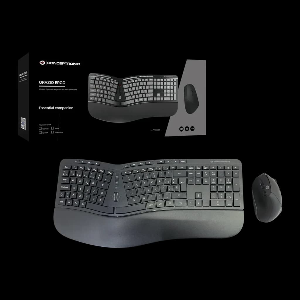 Combo Teclado e Rato Conceptronic Preto Sem Fios RF 2.4GHz Espanhol QWERTY ORAZIO02ES, vista com caixa: teclado ergonómico