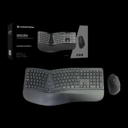 Combo Teclado e Rato Conceptronic Preto Sem Fios RF 2.4GHz Espanhol QWERTY ORAZIO02ES, vista com caixa: teclado ergonómico
