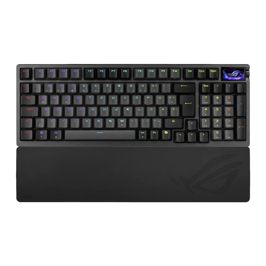Teclado Gaming ASUS ROG Azoth 96 Sem Fios RGB Layout USA Preto, vista superior: teclas RGB iluminadas, ecrã ROG e apoio