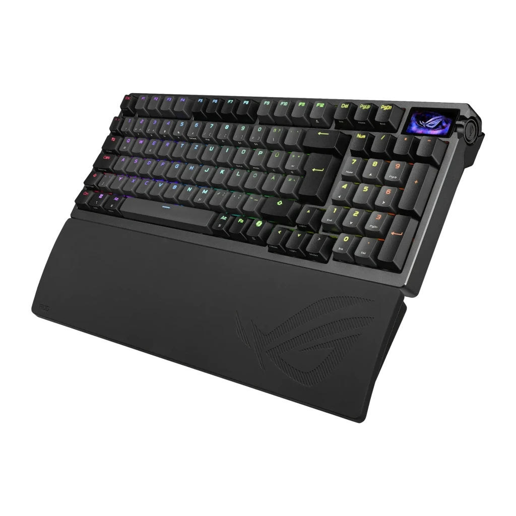 Teclado Gaming ASUS ROG Azoth 96 Sem Fios RGB Layout USA Preto, vista angular: retroiluminação RGB, ecrã OLED e apoio