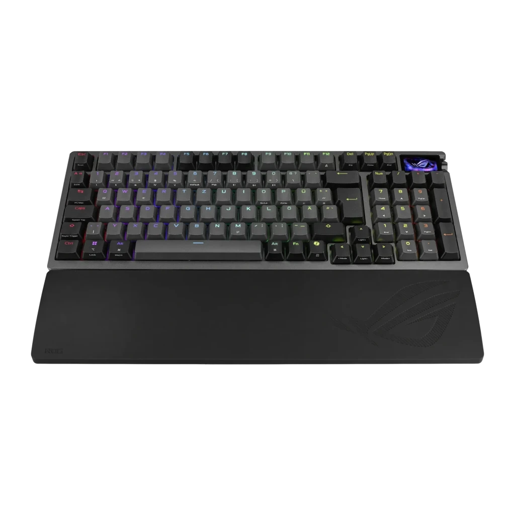Teclado Gaming ASUS ROG Azoth 96 Sem Fios RGB Layout USA Preto, vista frontal em ângulo: retroiluminação RGB ativa, apoio