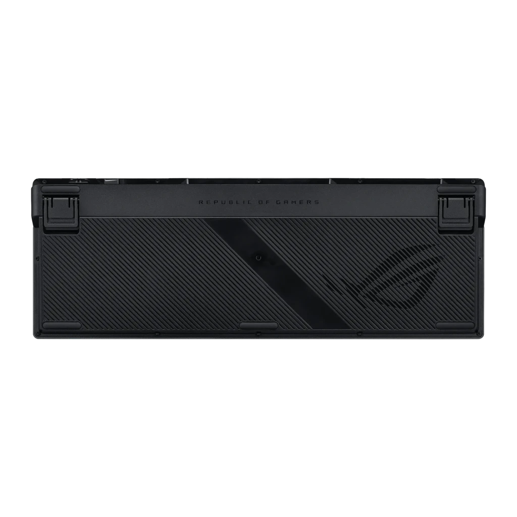 Teclado Gaming ASUS ROG Azoth 96 Sem Fios RGB Layout USA Preto, vista inferior: base texturizada com logótipo ROG e texto