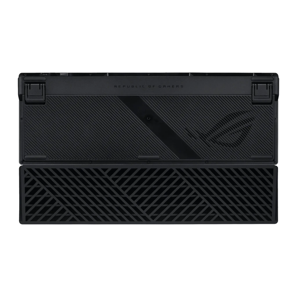Teclado Gaming ASUS ROG Azoth 96 Sem Fios RGB Layout USA Preto, vista inferior: base com logo ROG, pés e grelha texturizada