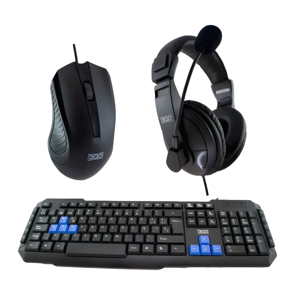 Pack Teclado, Ratón y Auriculares 3GO Drile H2 Negro USB con Cable QWERTY, vista conjunto: teclado con teclas azules, ratón