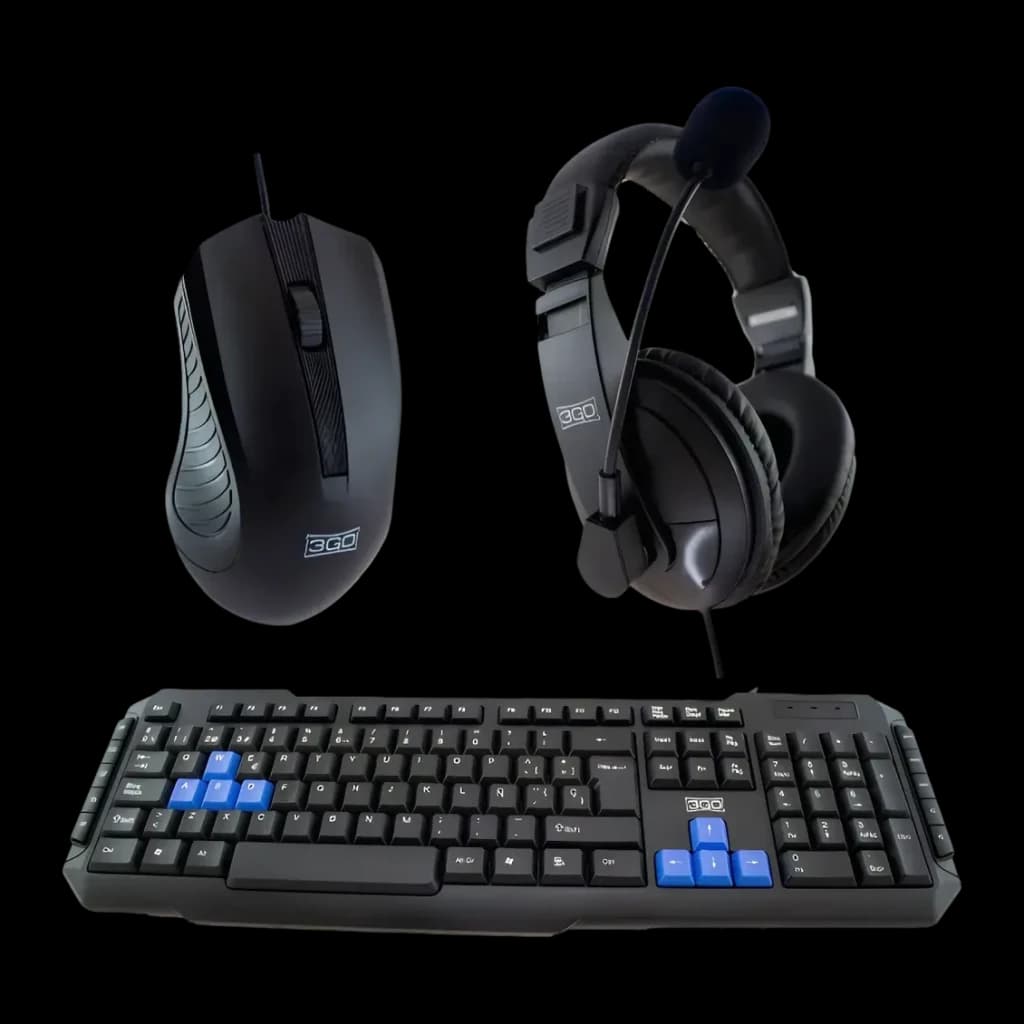 Pack Teclado, Ratón y Auriculares 3GO Drile H2 Negro USB con Cable QWERTY, vista conjunto: teclado con teclas azules, ratón
