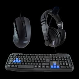 Pack Teclado, Ratón y Auriculares 3GO Drile H2 Negro USB con Cable QWERTY, vista conjunto: teclado con teclas azules, ratón