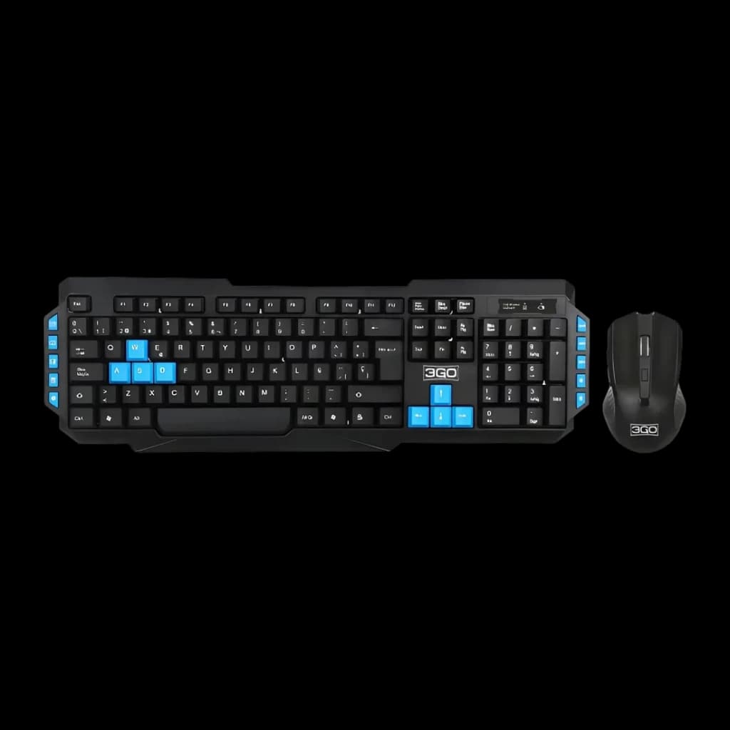 Pack Teclado, Ratón y Auriculares 3GO Drile H2 Negro USB con Cable QWERTY, vista superior: teclado y ratón negros con teclas