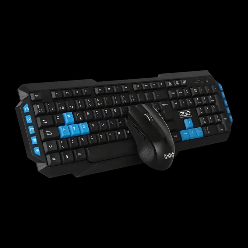 Pack Teclado, Ratón y Auriculares 3GO Drile H2 Negro USB con Cable QWERTY, vista en ángulo: teclado con teclas azules WASD
