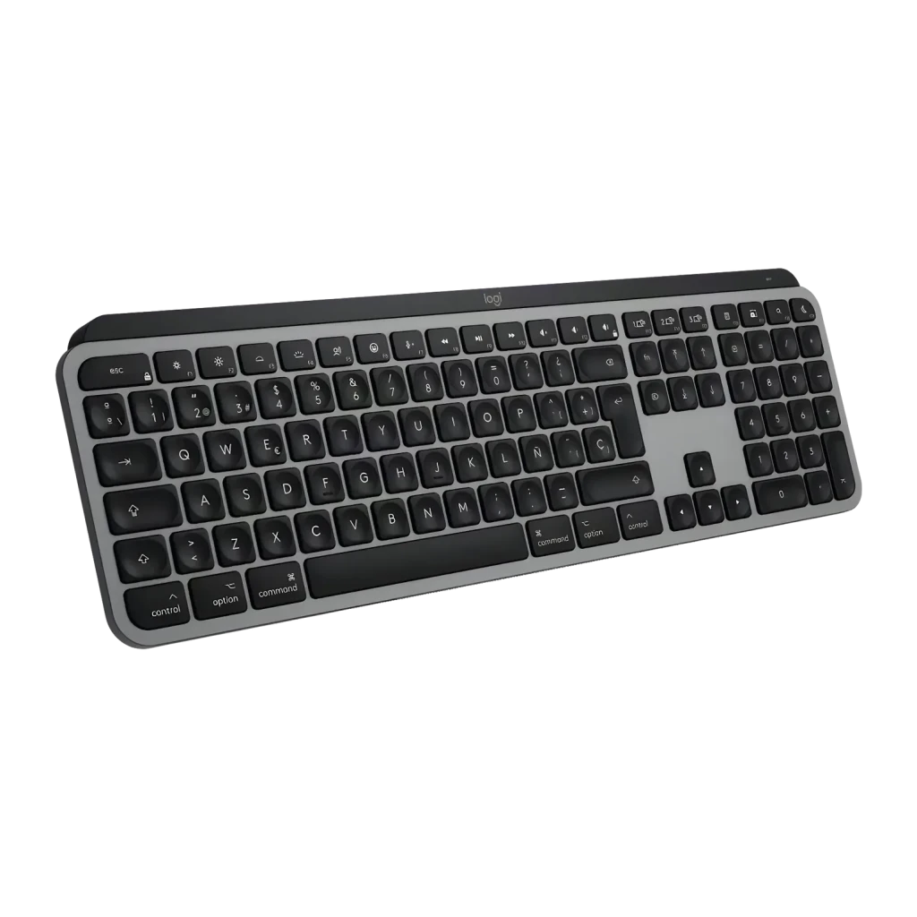 Teclado Logitech MX Keys S para Mac Space Grey Sem Fios Bluetooth, vista em perspectiva: teclas côncavas pretas e moldura