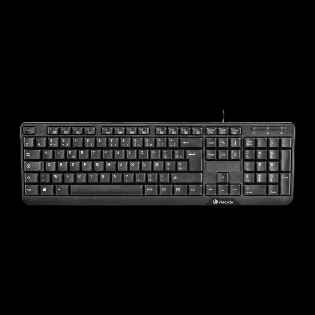 Teclado NGS Funky V3 AZERTY Preto USB, vista superior: disposição completa de teclas, teclado numérico e logótipo NGS